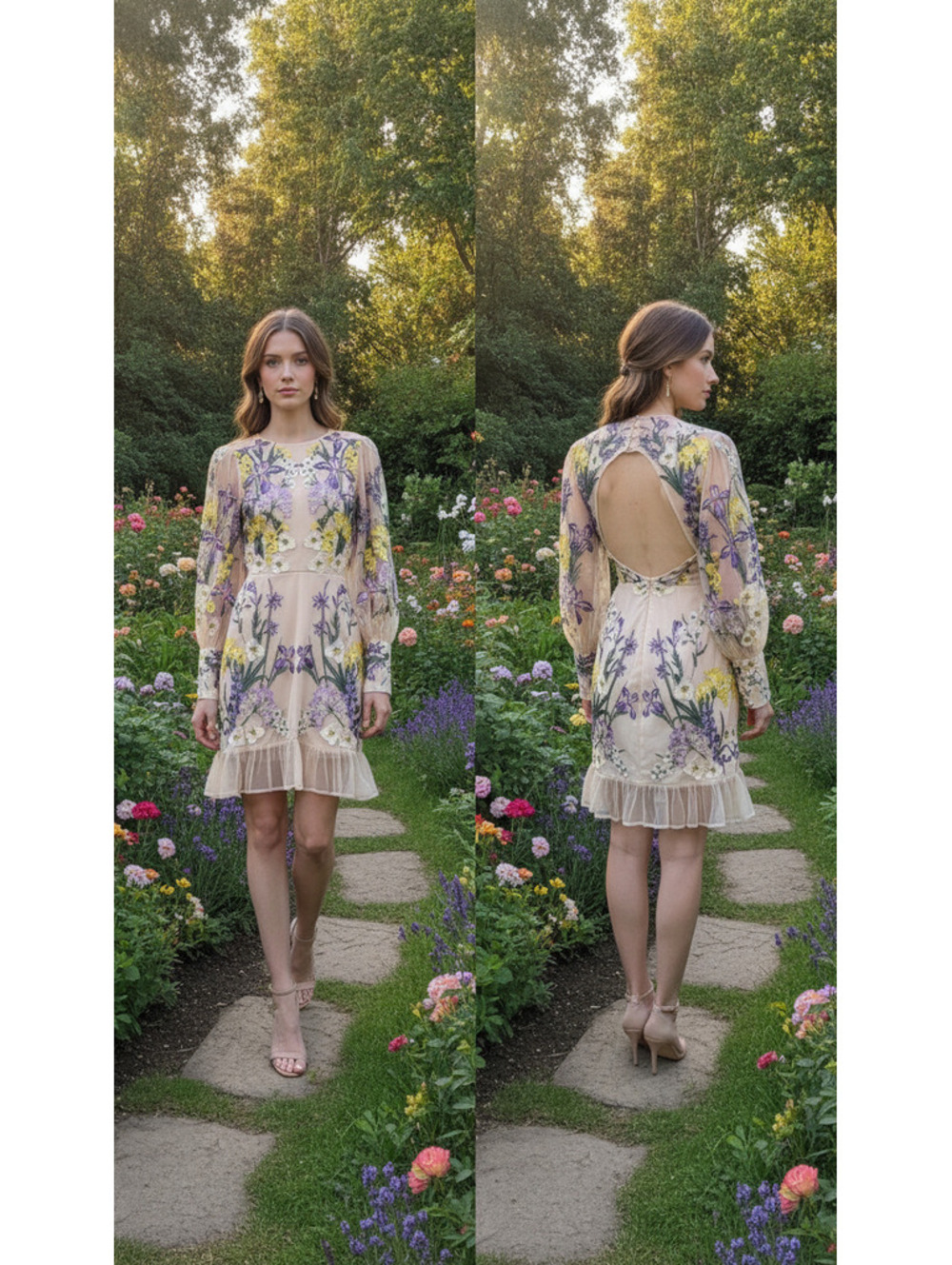 ASOS Floral Embroidered Mesh Dress with Open Back and Ruffle Hem